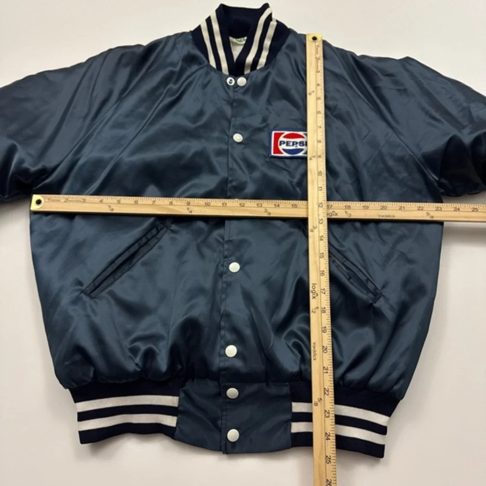 Vintage‎ Pepsi Cola Patch Satin Snap Button Bomber Jacket Navy Blue Medium